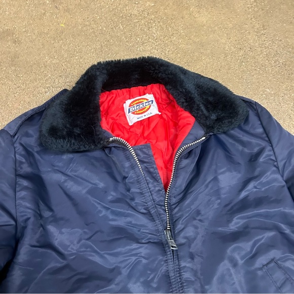 Vintage Dickies Jacket Mens Large Navy Blue Nylon Satin Sherpa Collar 80s 90s - Picture 2 of 8
